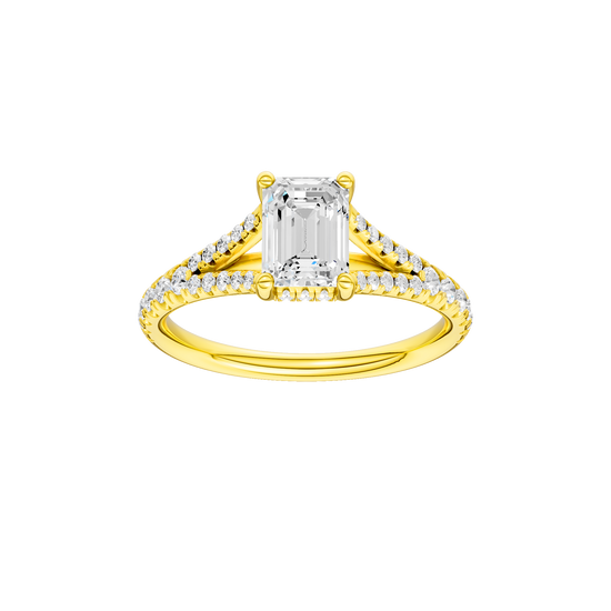 Emerald-cut diamond engagement ring with a prong-set diamond band and hidden-halo setting.