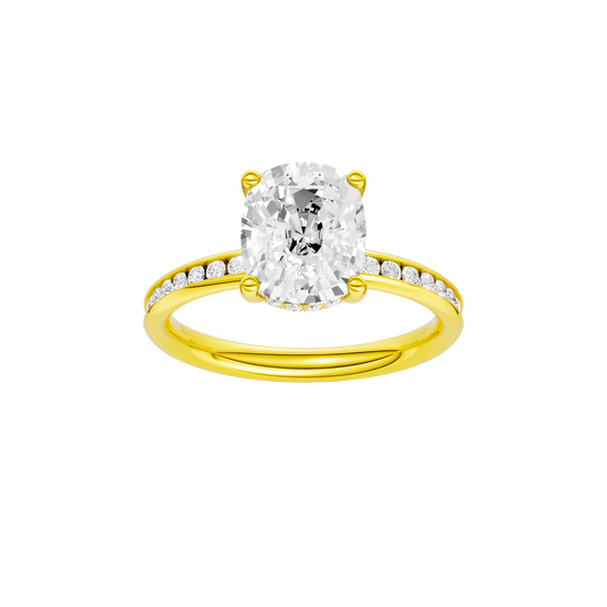 Elongated cushion-cut diamond engagement ring with a channel-set diamond band and hidden-halo setting.