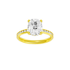 Elongated cushion-cut diamond engagement ring with a channel-set diamond band and hidden-halo setting.