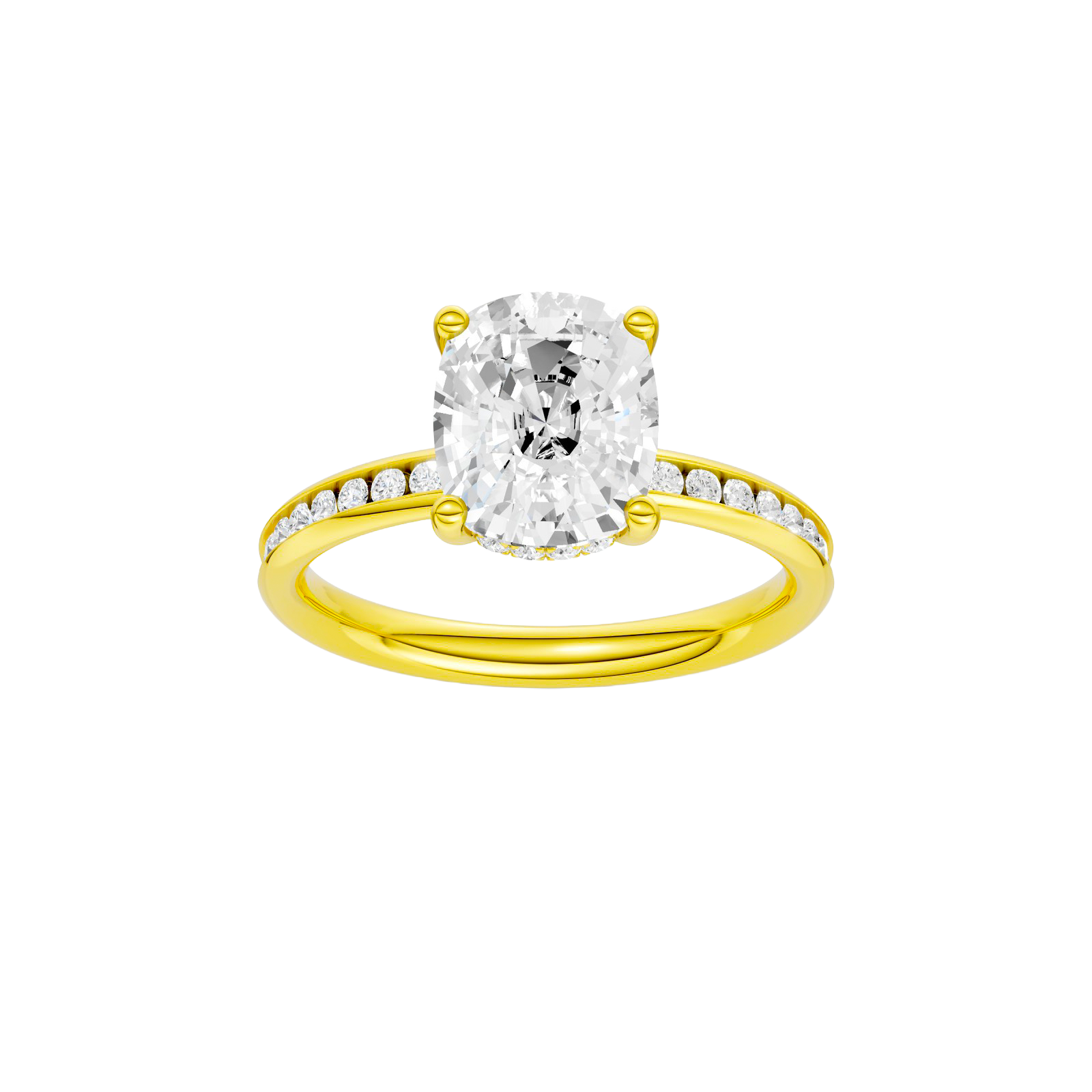 Elongated cushion-cut diamond engagement ring with a channel-set diamond band and hidden-halo setting.
