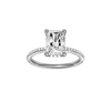 Radiant-cut diamond engagement ring with a pavé-set diamond band and hidden-halo setting.