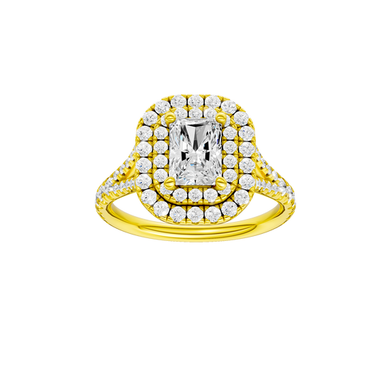 Radiant-cut diamond engagement ring with a prong-set diamond band and double-halo setting.