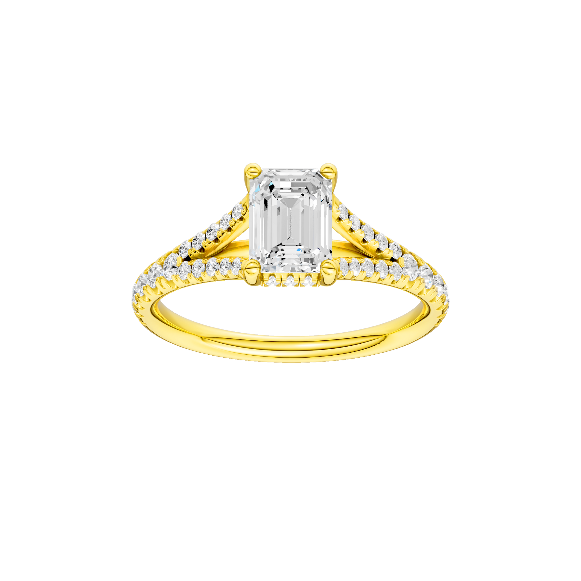 Emerald-cut diamond engagement ring with a prong-set diamond band and hidden-halo setting.