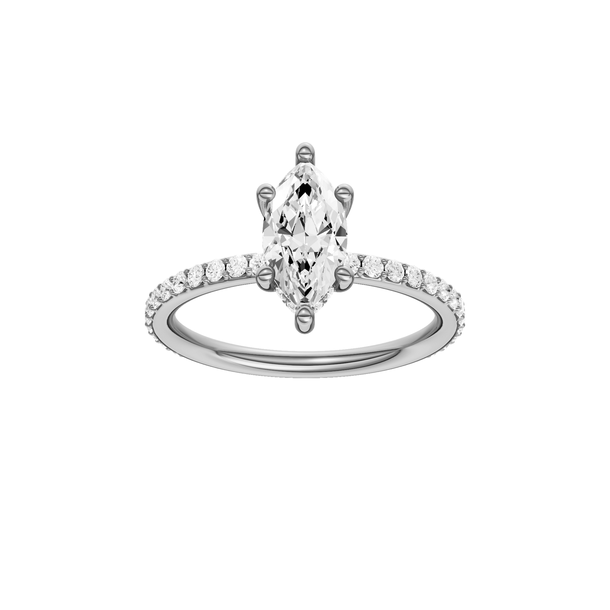 Marquise-cut diamond engagement ring with a prong-set diamond band and hidden-halo setting.