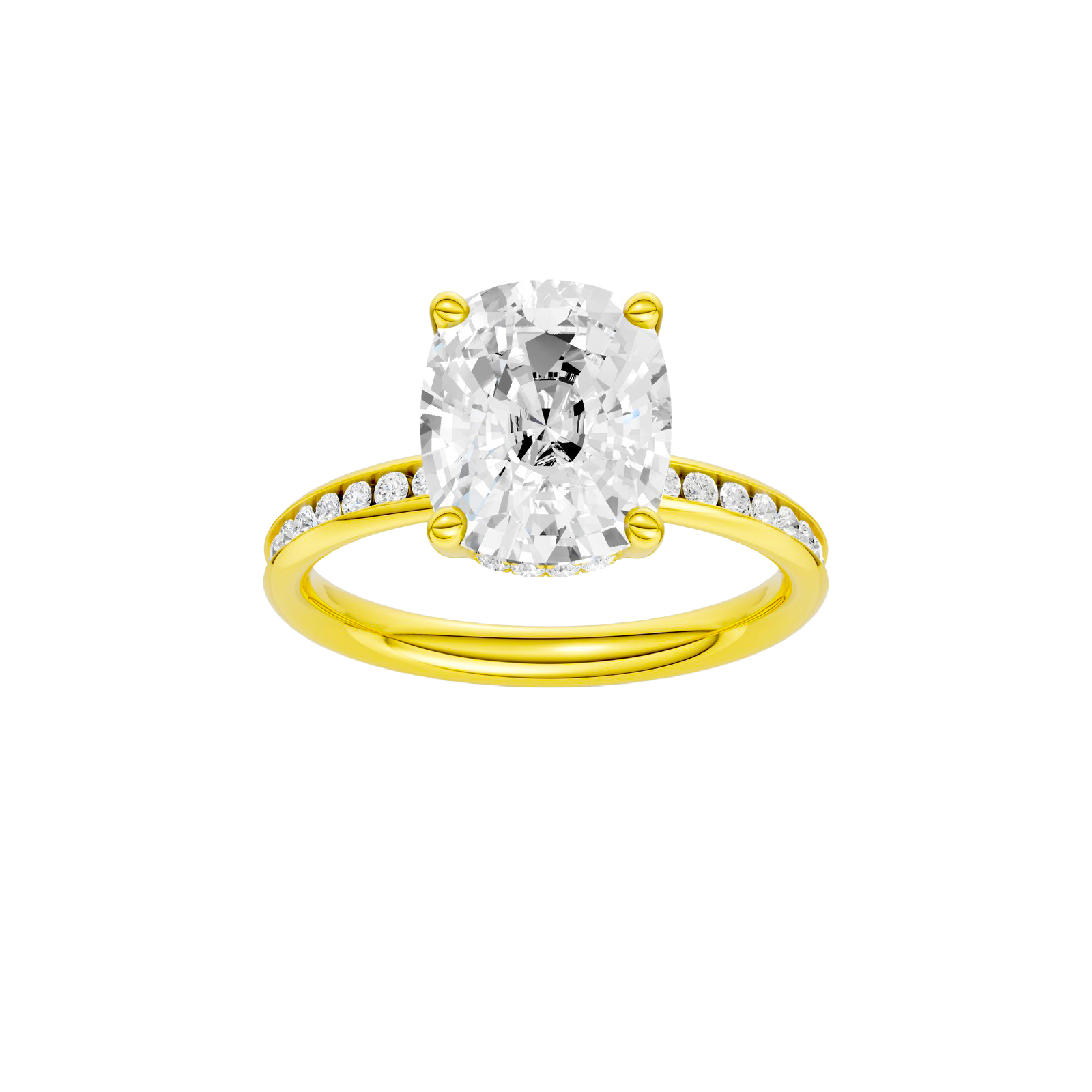 Elongated cushion-cut diamond engagement ring with a channel-set diamond band and hidden-halo setting.