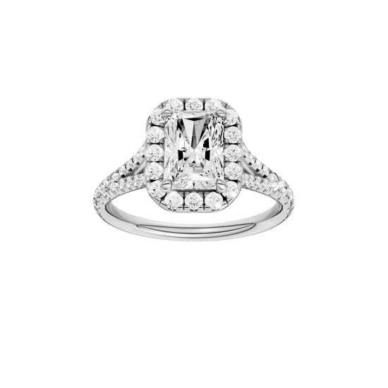 Radiant-cut diamond engagement ring with a prong-set diamond band and halo setting.