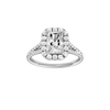 Radiant-cut diamond engagement ring with a prong-set diamond band and halo setting.