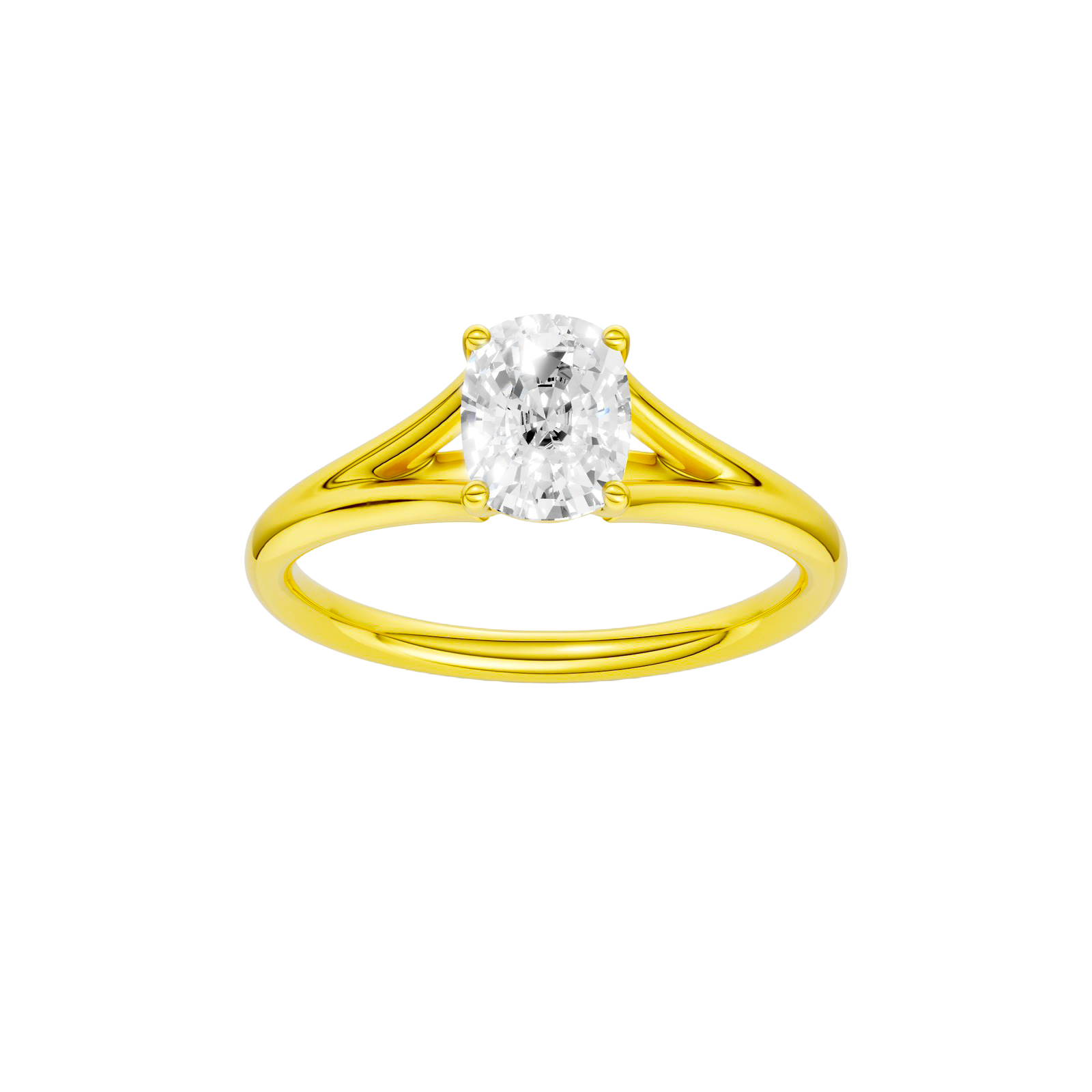 Elongated cushion-cut diamond engagement ring with a plain band and solitaire setting.