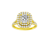 Radiant-cut diamond engagement ring with a prong-set diamond band and double-halo setting.