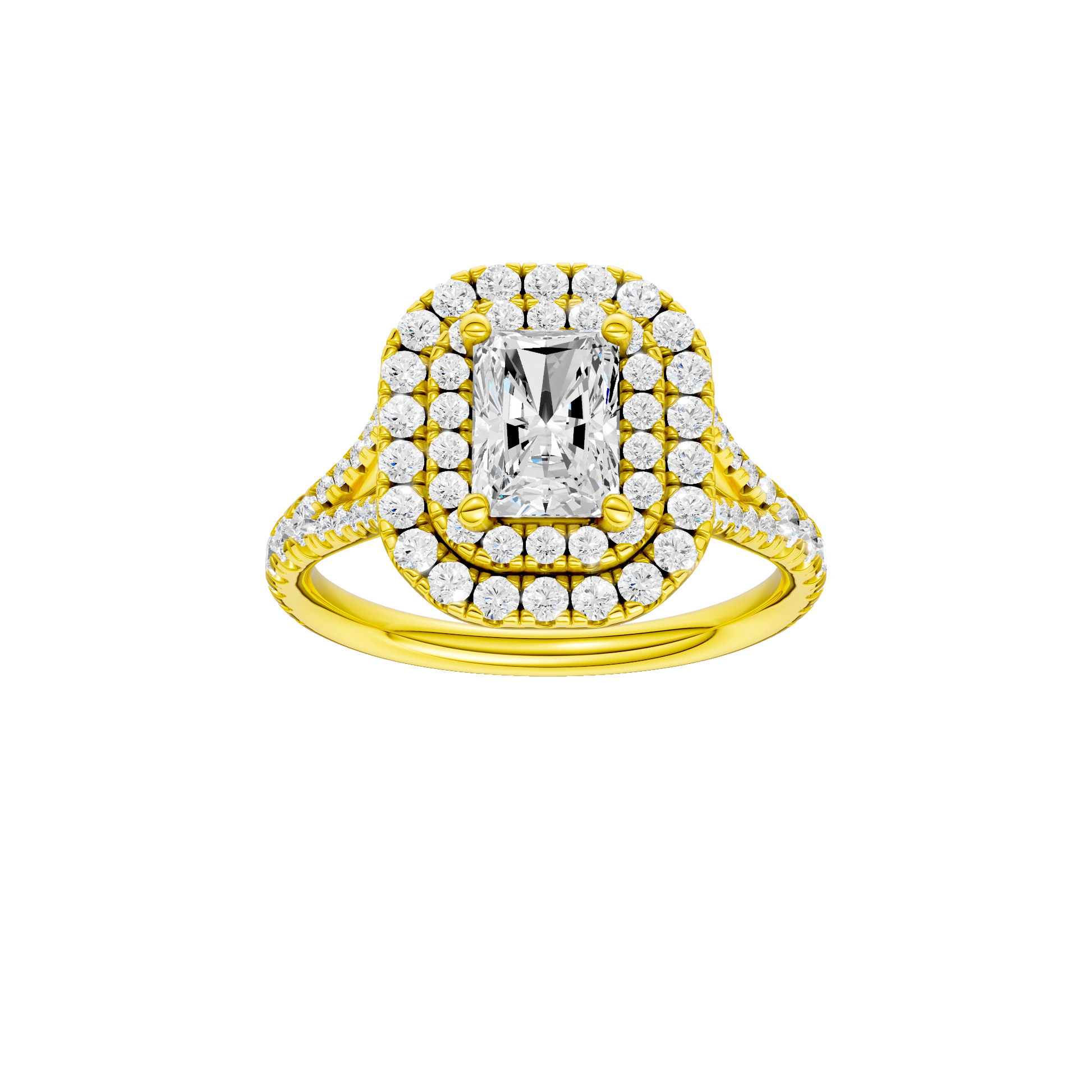 Radiant-cut diamond engagement ring with a prong-set diamond band and double-halo setting.