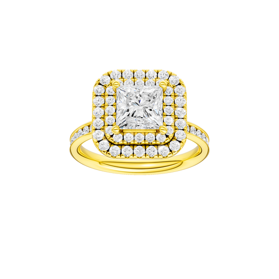 Princess-cut diamond engagement ring with a channel-set diamond band and double-halo setting.