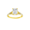 Emerald-cut diamond engagement ring with a prong-set diamond band and hidden-halo setting.