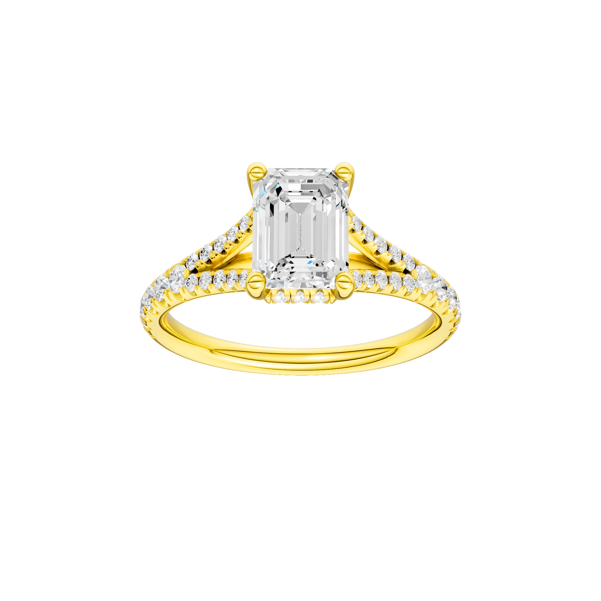 Emerald-cut diamond engagement ring with a prong-set diamond band and hidden-halo setting.