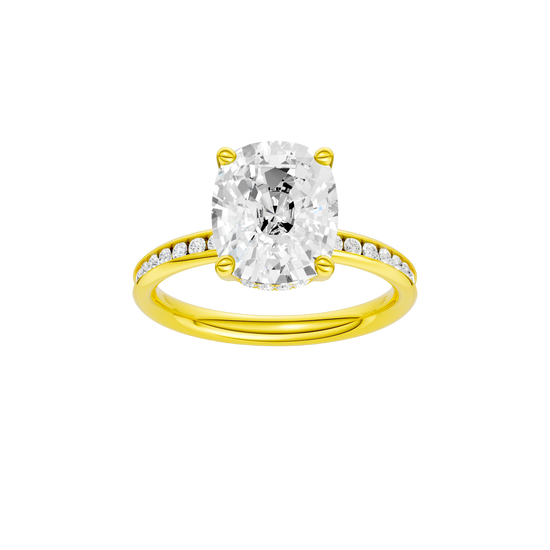 Elongated cushion-cut diamond engagement ring with a channel-set diamond band and hidden-halo setting.