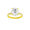Elongated cushion-cut diamond engagement ring with a channel-set diamond band and hidden-halo setting.