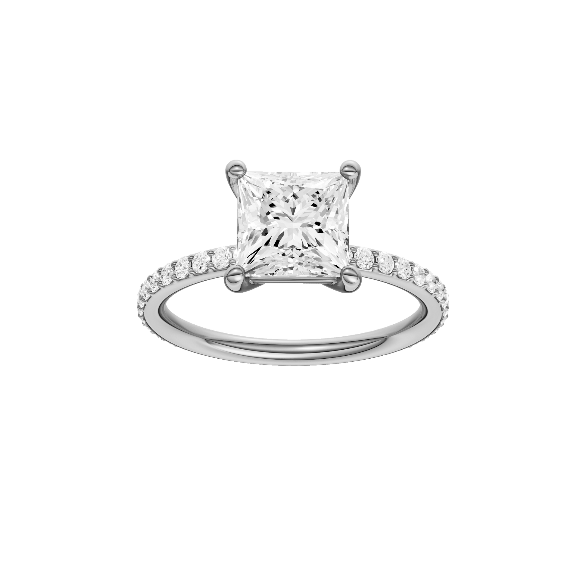Princess-cut diamond engagement ring with a prong-set diamond band and solitaire setting.