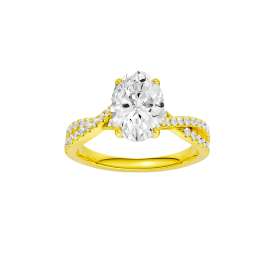 Oval-cut diamond engagement ring in 14k yellow gold with a prong-set diamond band and twist setting