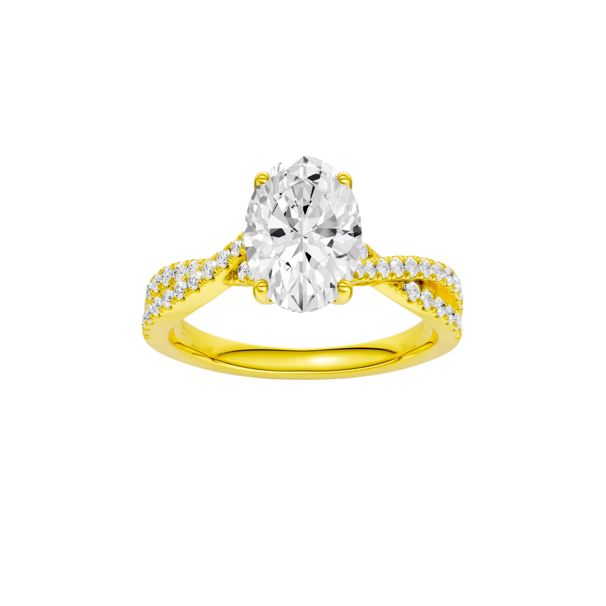 Oval-cut diamond engagement ring in 14k yellow gold with a prong-set diamond band and twist setting