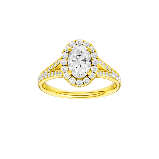 Oval-cut diamond engagement ring with a channel-set diamond band and halo setting.