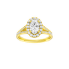 Oval-cut diamond engagement ring with a channel-set diamond band and halo setting.