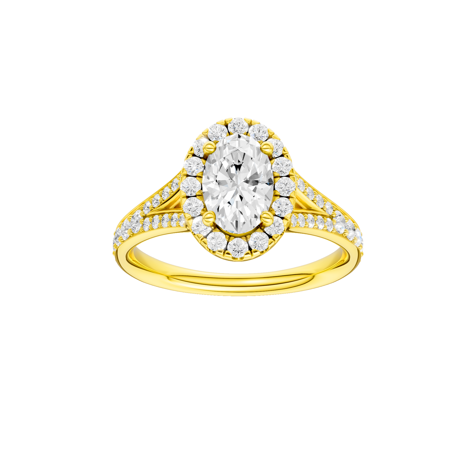 Oval-cut diamond engagement ring with a channel-set diamond band and halo setting.