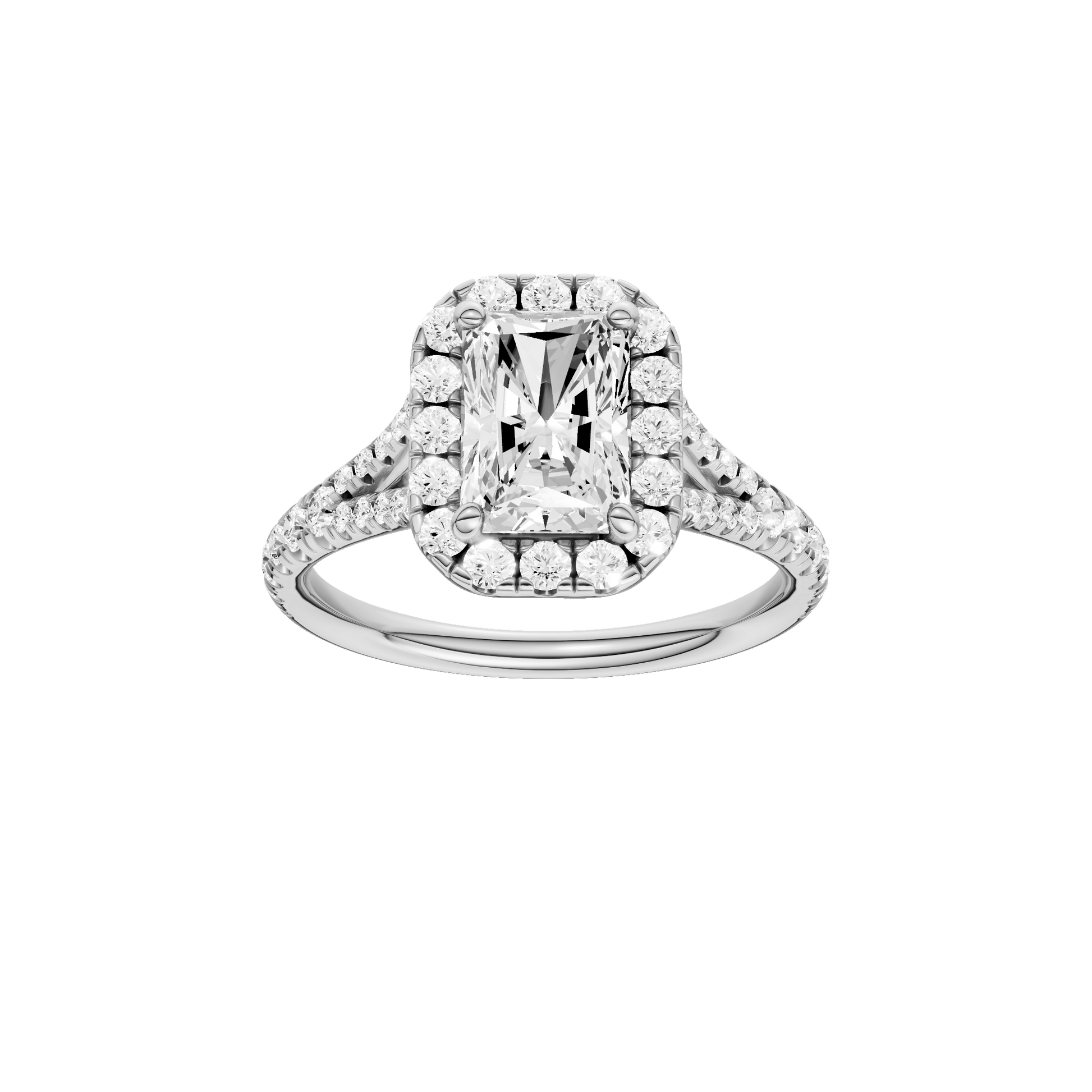 Radiant-cut diamond engagement ring with a prong-set diamond band and halo setting.