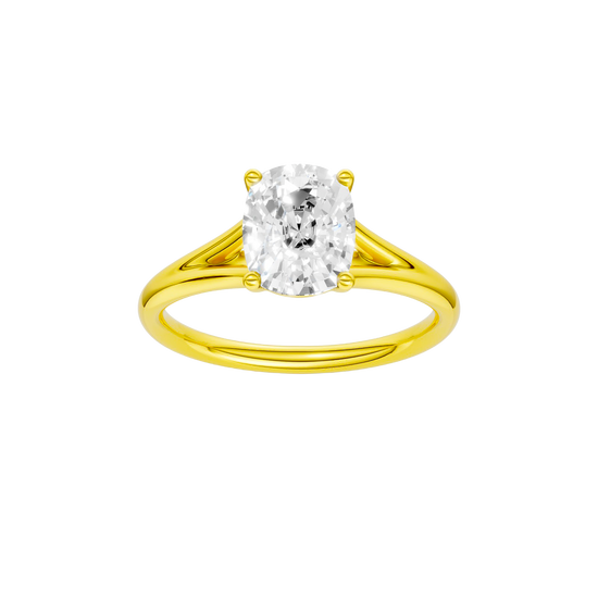 Elongated cushion-cut diamond engagement ring with a plain band and solitaire setting.