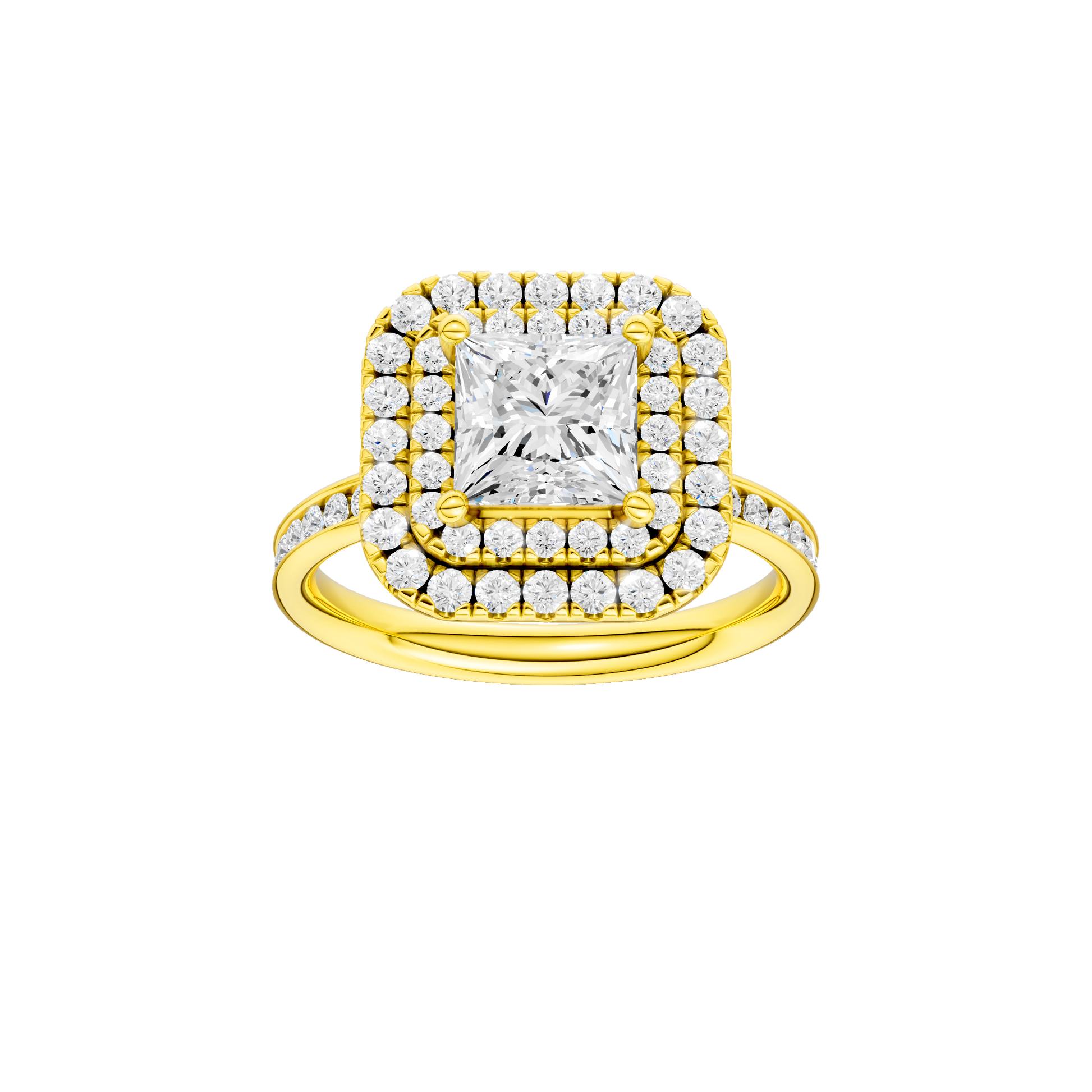 Princess-cut diamond engagement ring with a channel-set diamond band and double-halo setting.