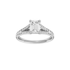 Emerald-cut diamond engagement ring with a channel-set diamond band and solitaire setting.