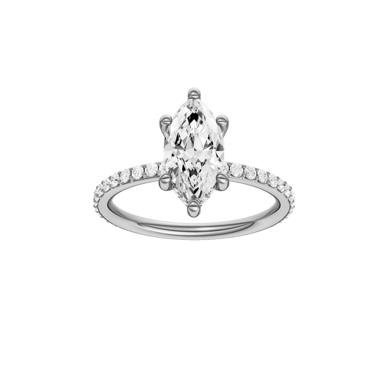 Marquise-cut diamond engagement ring with a prong-set diamond band and hidden-halo setting.