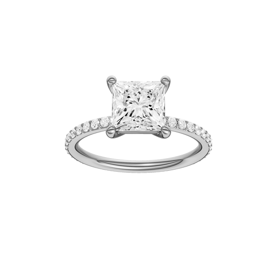 Princess-cut diamond engagement ring with a prong-set diamond band and solitaire setting.