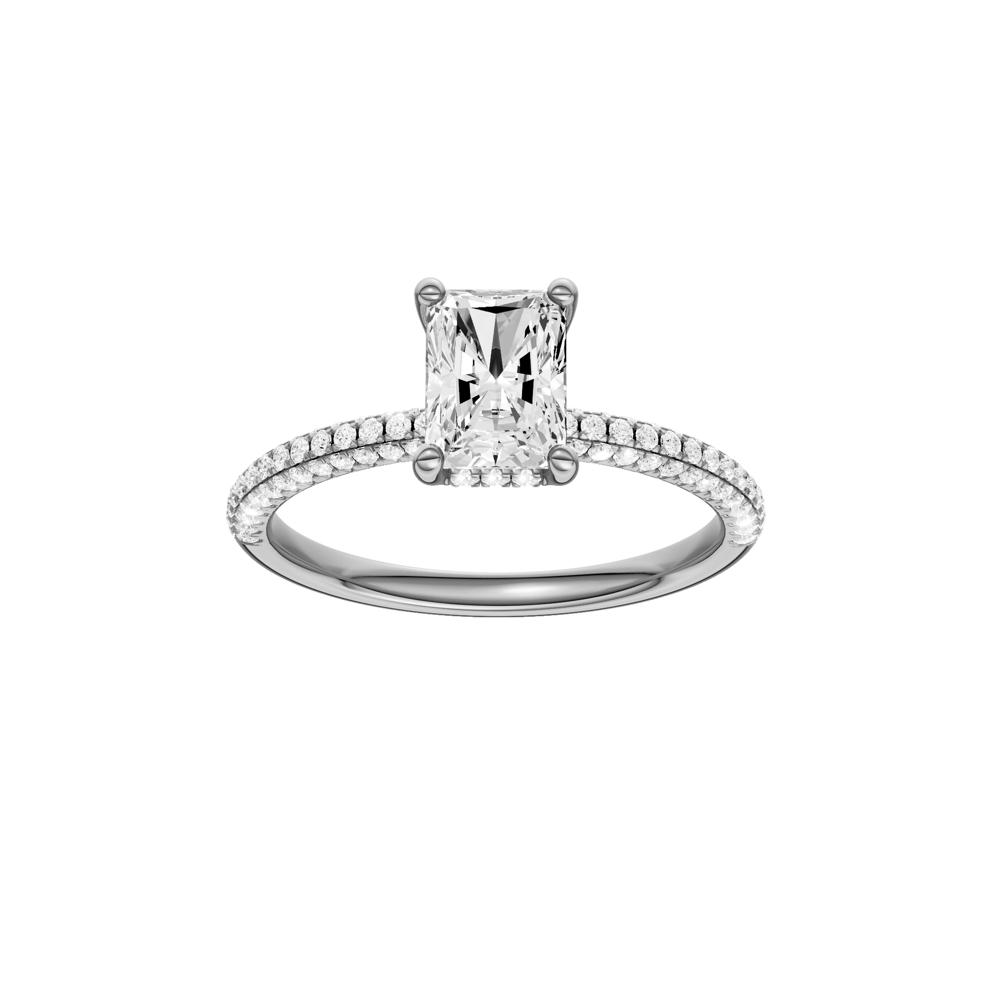 Radiant-cut diamond engagement ring with a pavé-set diamond band and hidden-halo setting.