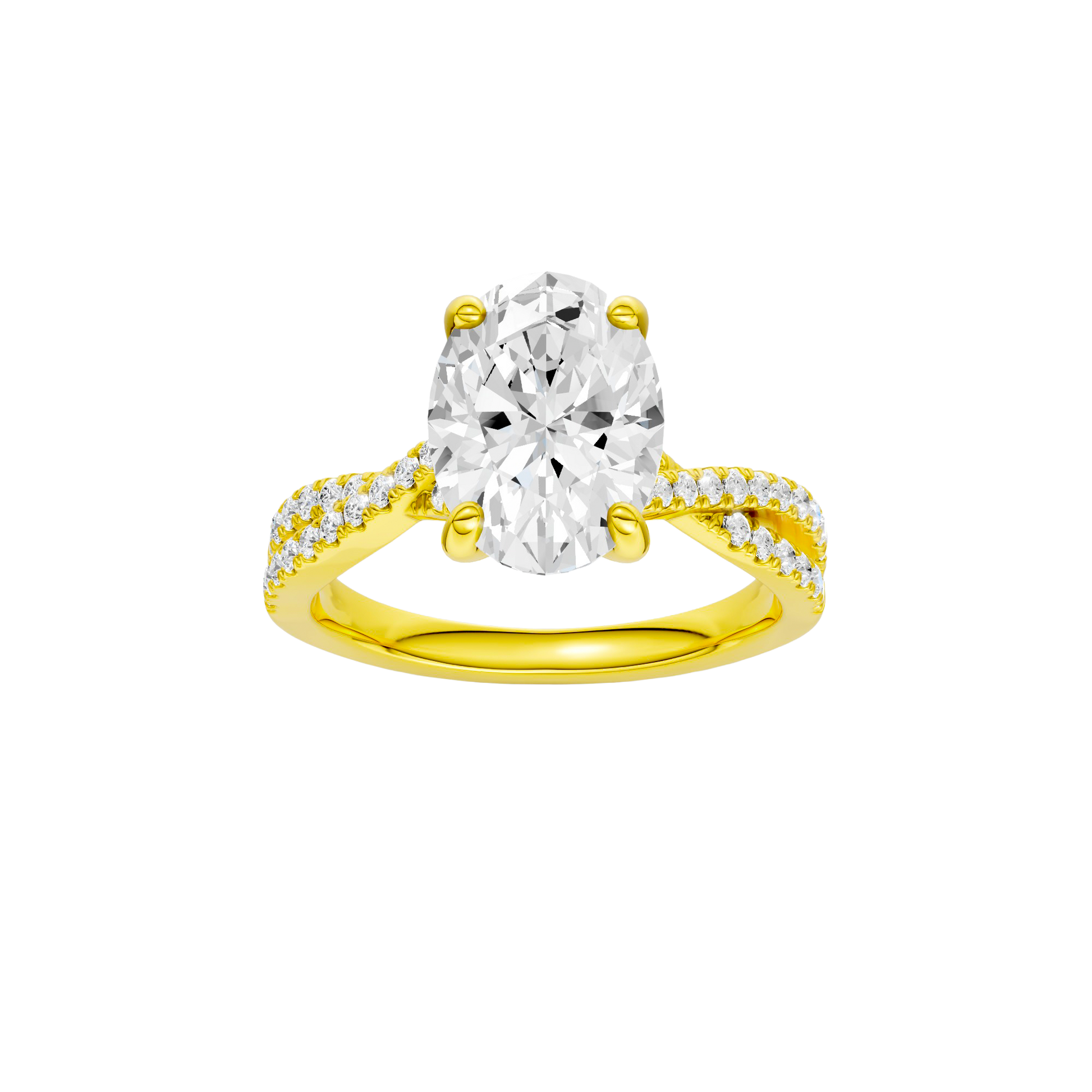 Oval-cut diamond engagement ring in 14k yellow gold with a prong-set diamond band and twist setting