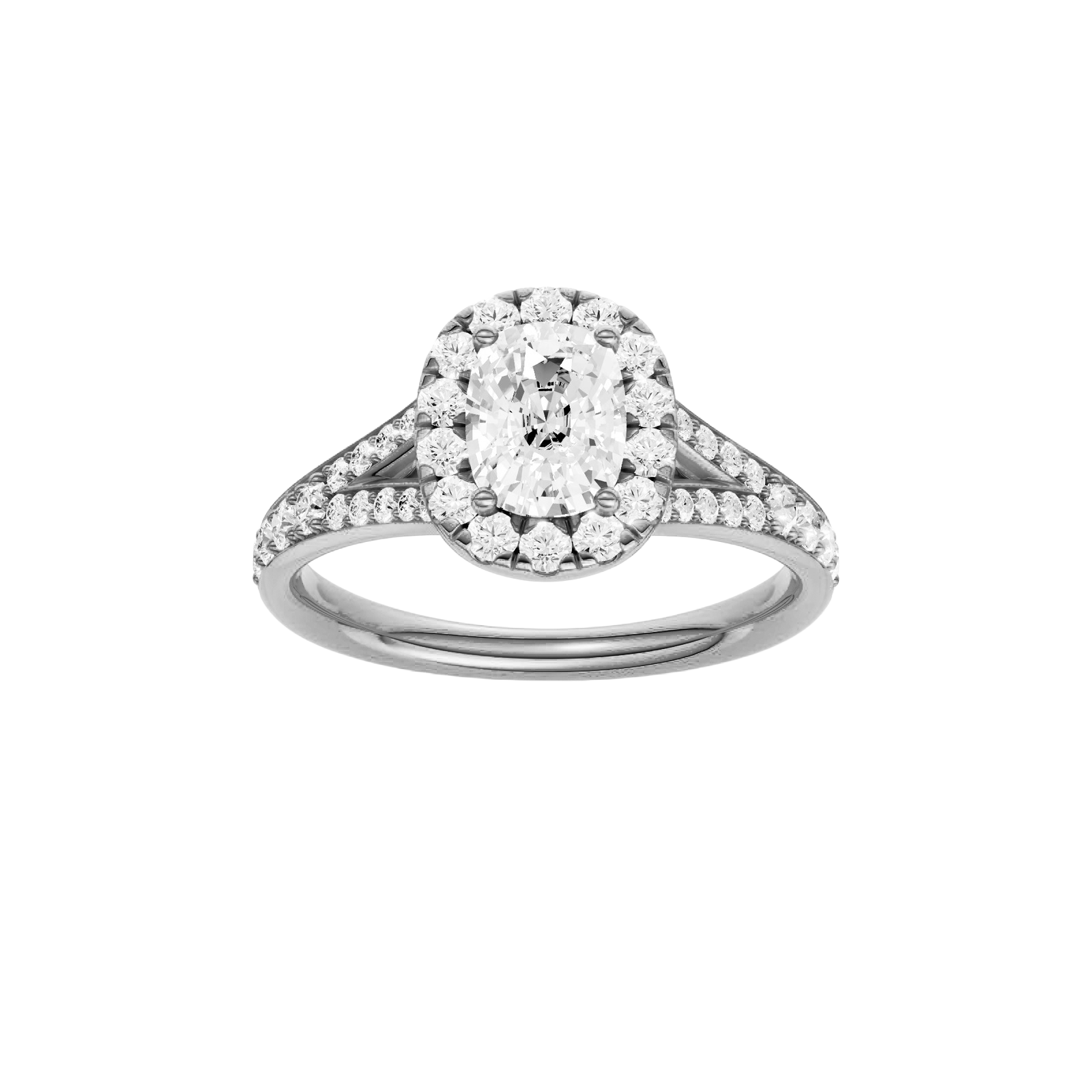 Elongated cushion-cut diamond engagement ring with a channel-set diamond band and halo setting.