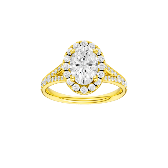 Oval-cut diamond engagement ring with a channel-set diamond band and halo setting.