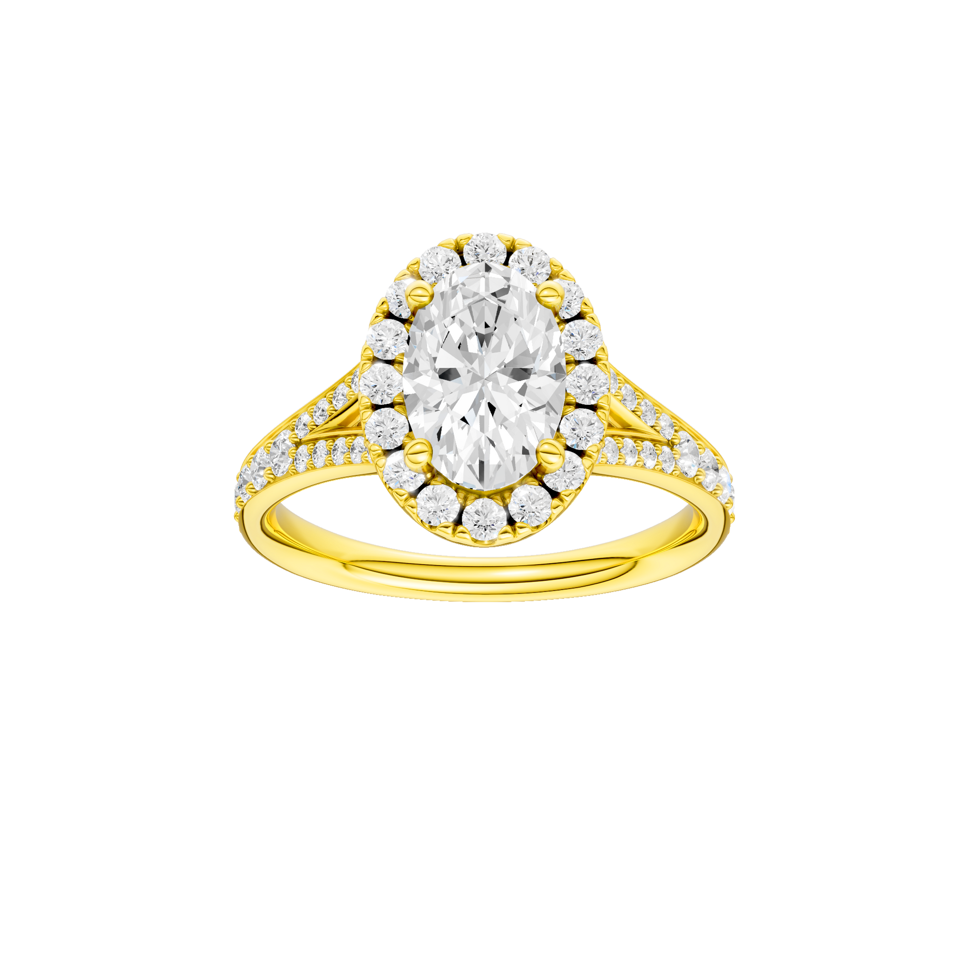 Oval-cut diamond engagement ring with a channel-set diamond band and halo setting.