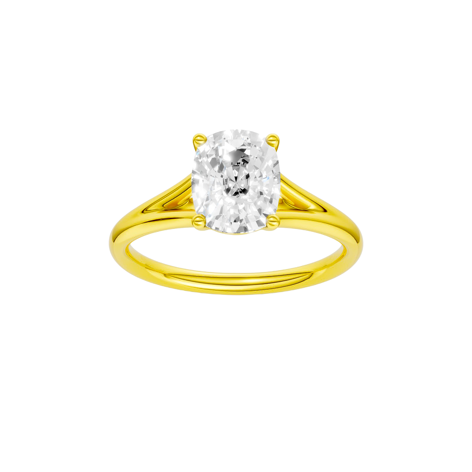 Elongated cushion-cut diamond engagement ring with a plain band and solitaire setting.