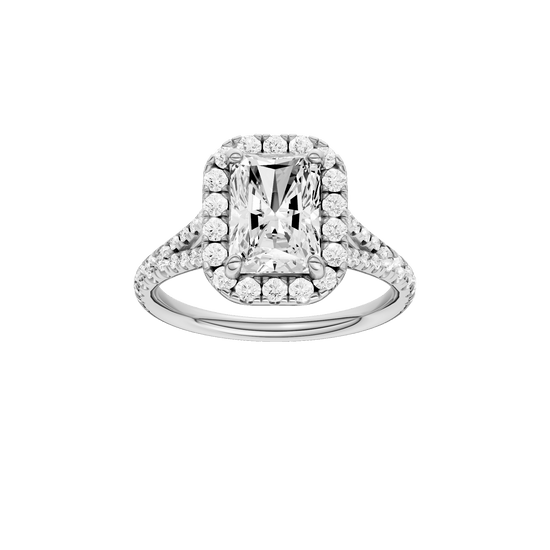 Radiant-cut diamond engagement ring with a prong-set diamond band and halo setting.