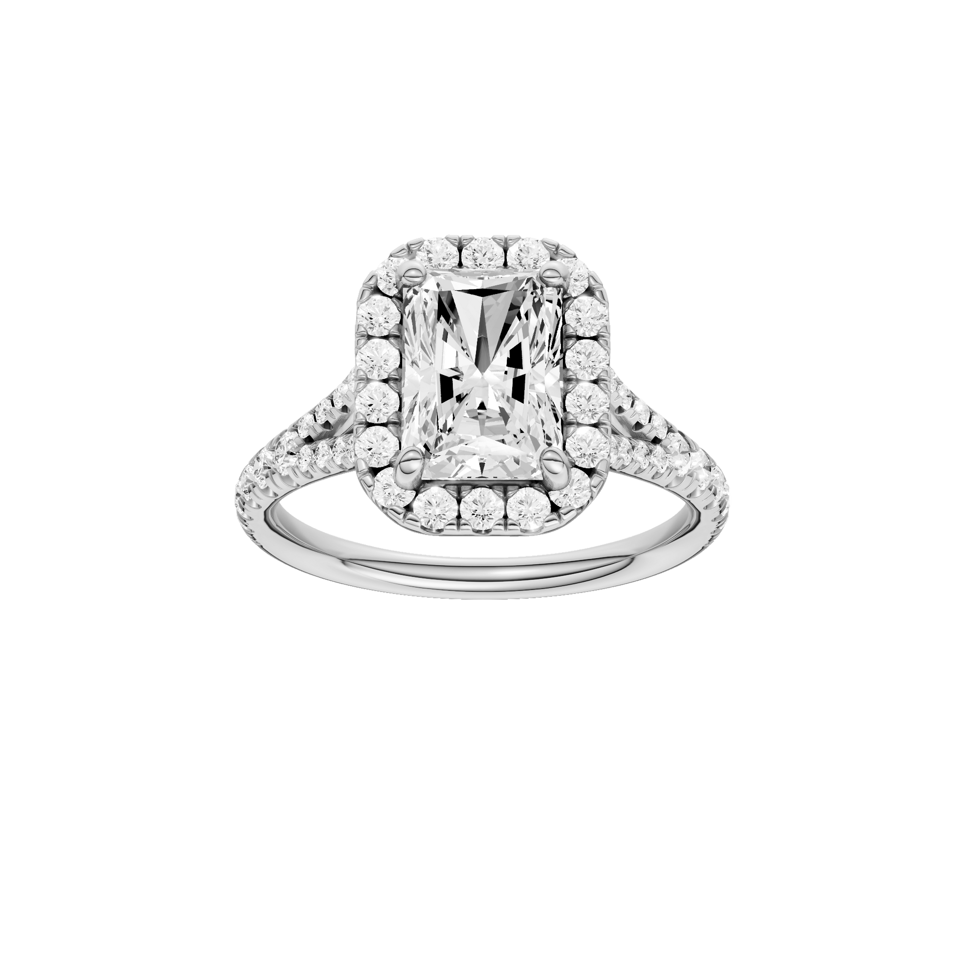 Radiant-cut diamond engagement ring with a prong-set diamond band and halo setting.