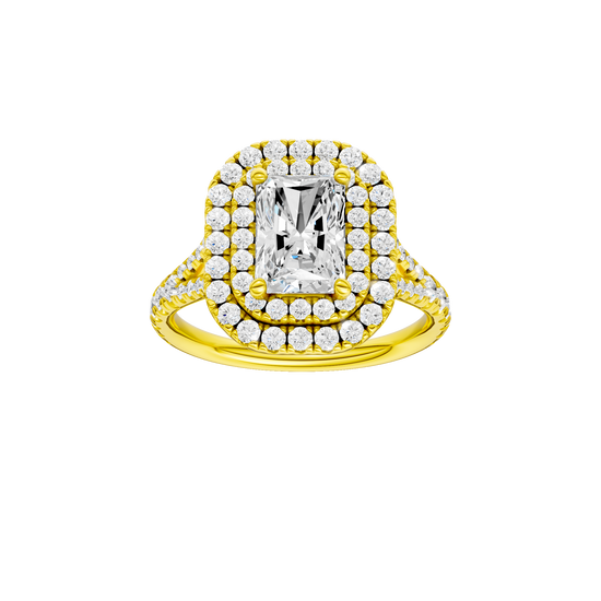 Radiant-cut diamond engagement ring with a prong-set diamond band and double-halo setting.