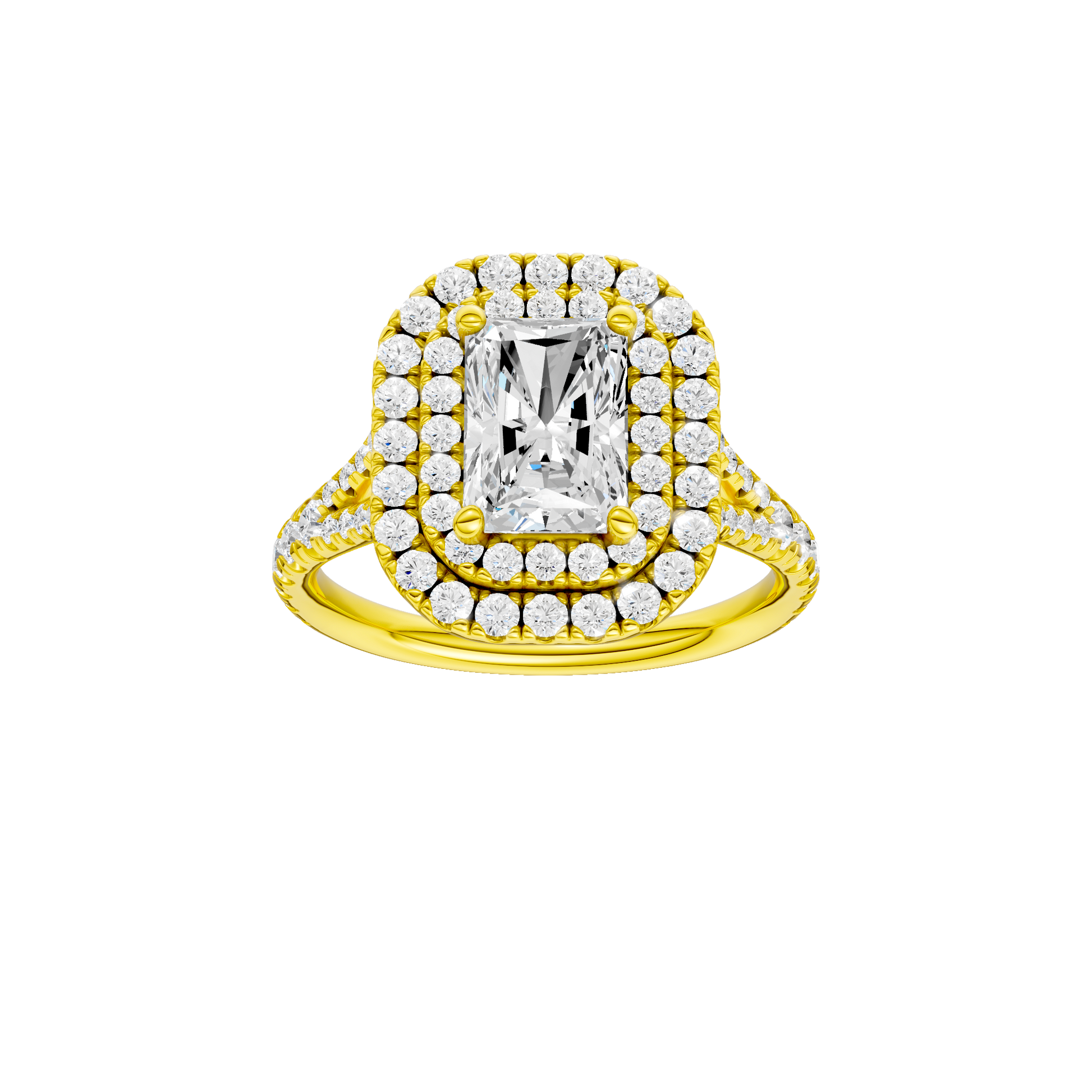 Radiant-cut diamond engagement ring with a prong-set diamond band and double-halo setting.