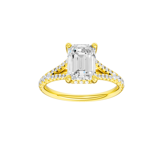 Emerald-cut diamond engagement ring with a prong-set diamond band and hidden-halo setting.