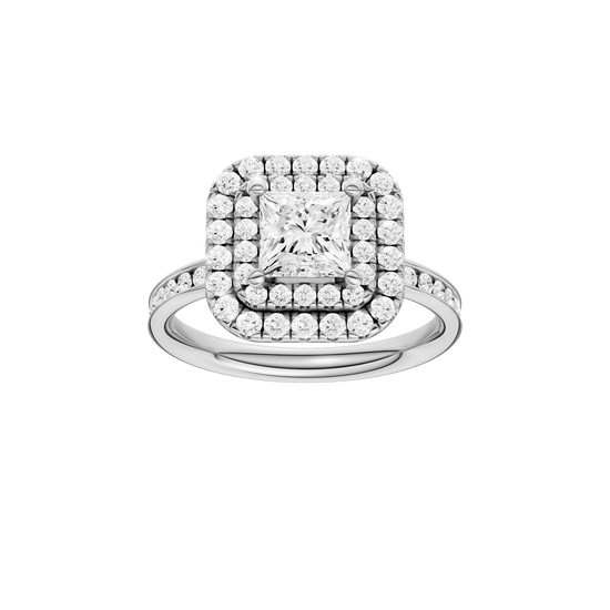 Princess-cut diamond engagement ring with a channel-set diamond band and double-halo setting.