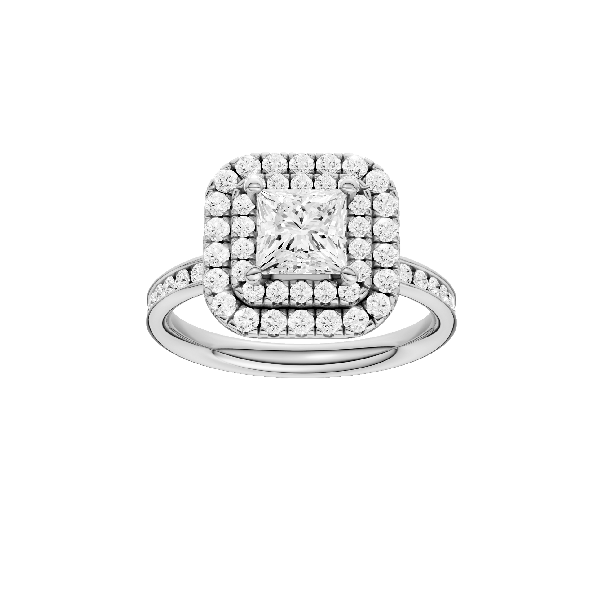 Princess-cut diamond engagement ring with a channel-set diamond band and double-halo setting.