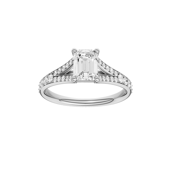 Emerald-cut diamond engagement ring with a channel-set diamond band and solitaire setting.