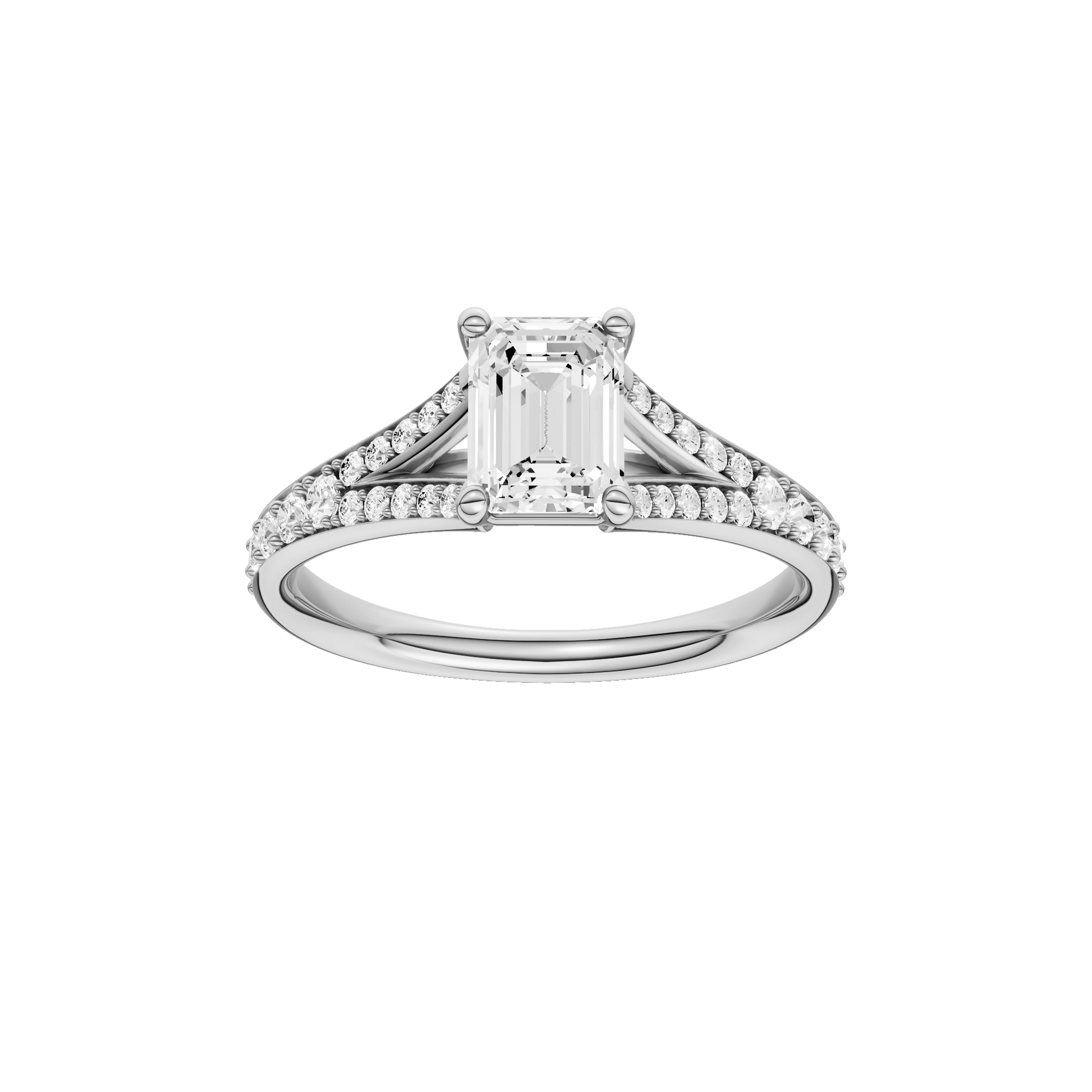 Emerald-cut diamond engagement ring with a channel-set diamond band and solitaire setting.
