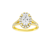 Oval-cut diamond engagement ring with a channel-set diamond band and halo setting.