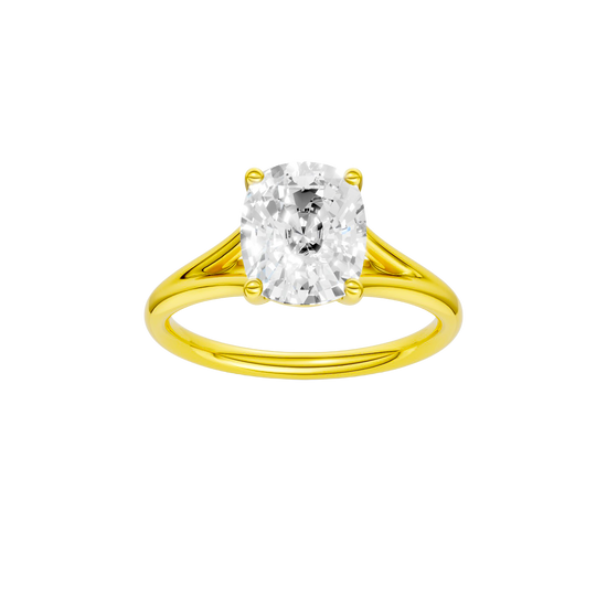 Elongated cushion-cut diamond engagement ring with a plain band and solitaire setting.