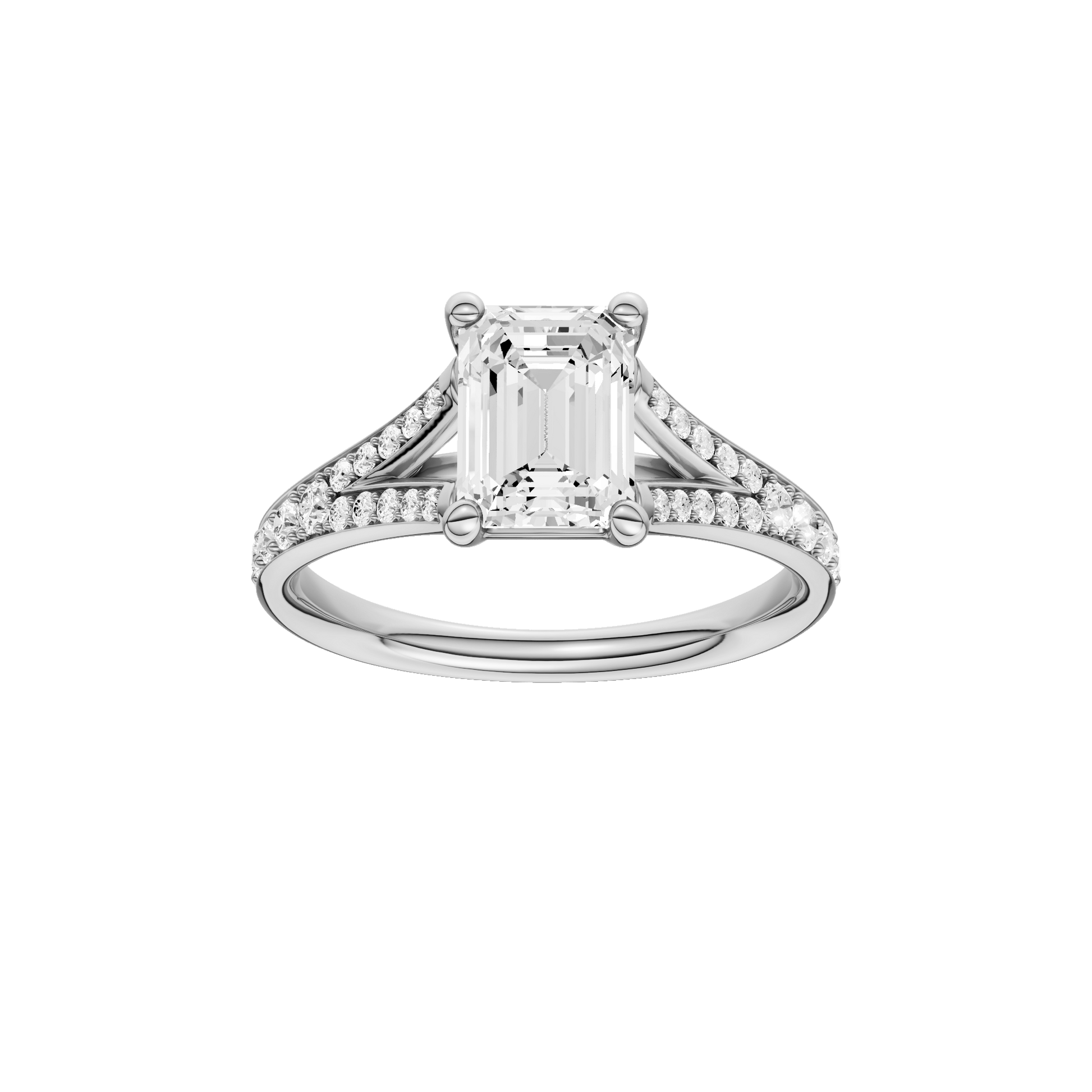 Emerald-cut diamond engagement ring with a channel-set diamond band and solitaire setting.