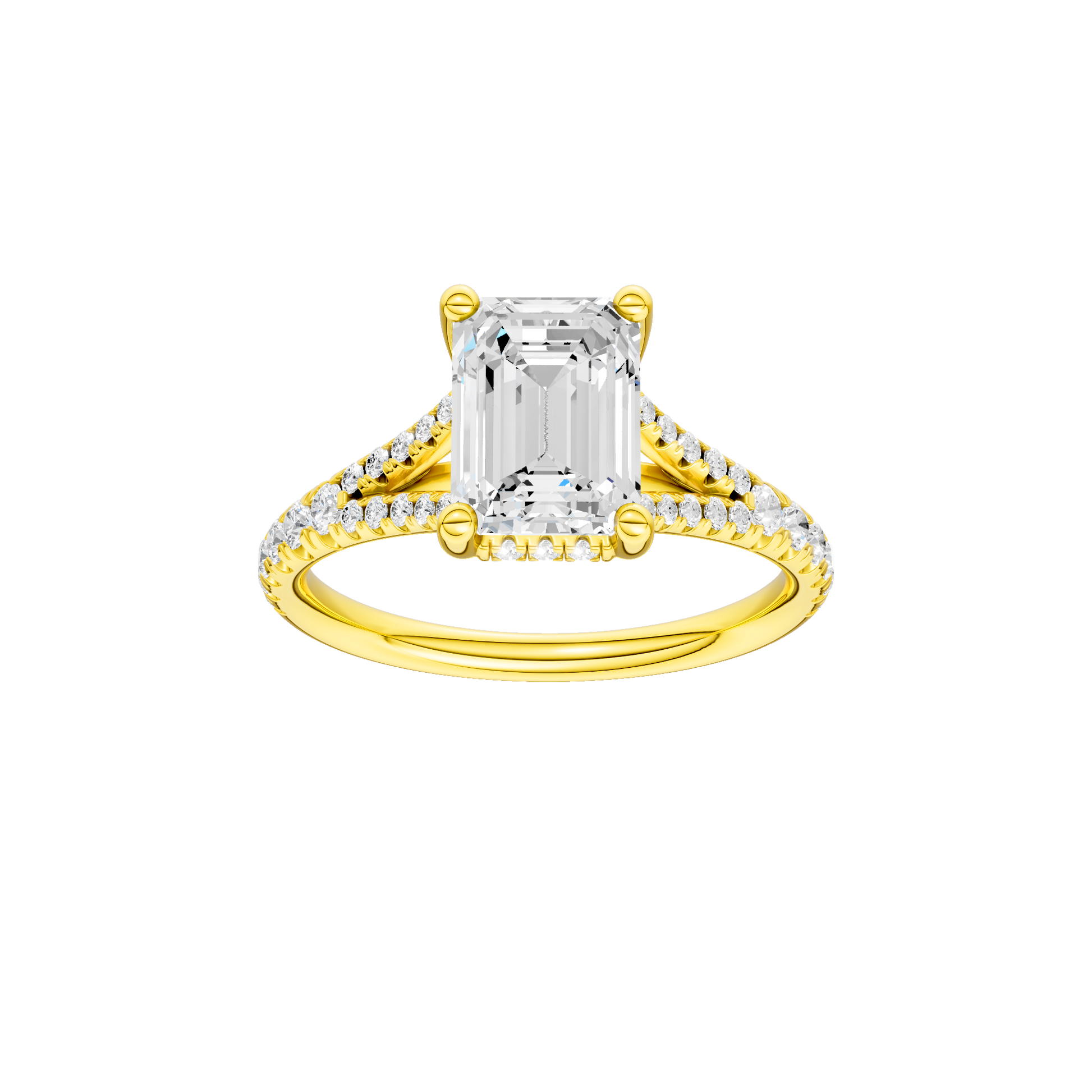 Emerald-cut diamond engagement ring with a prong-set diamond band and hidden-halo setting.